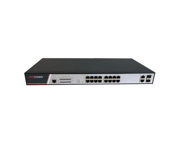 Switch cu 16 porturi Hikvision DS-3E2318P, 2 porturi Gigabit combo uplink, 21.2 Gbps, 8.4 Mpps, 8.000 MAC, PoE, cu management