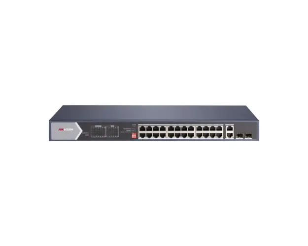 Switch cu 24 porturi Gigabit Hikvision DS-3E0528HP-E, 2 porturi fibra optica, 56 Gbps, 41.664 Mpps, 8000 MAC, PoE, fara management