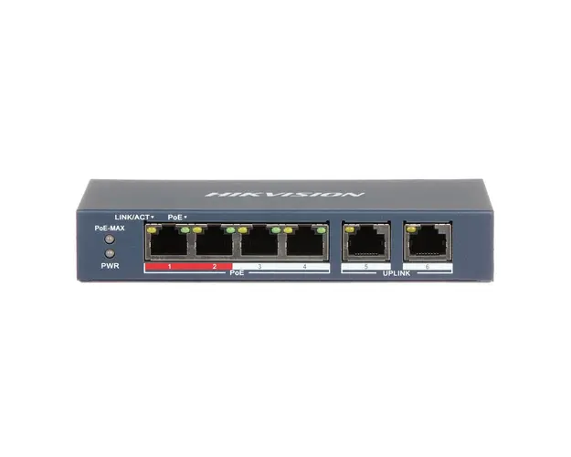 Switch cu 4 PoE Hikvision DS-3E0106P-E/M, fara management, 4000 MAC, 1.6 Gbps, 300 m
