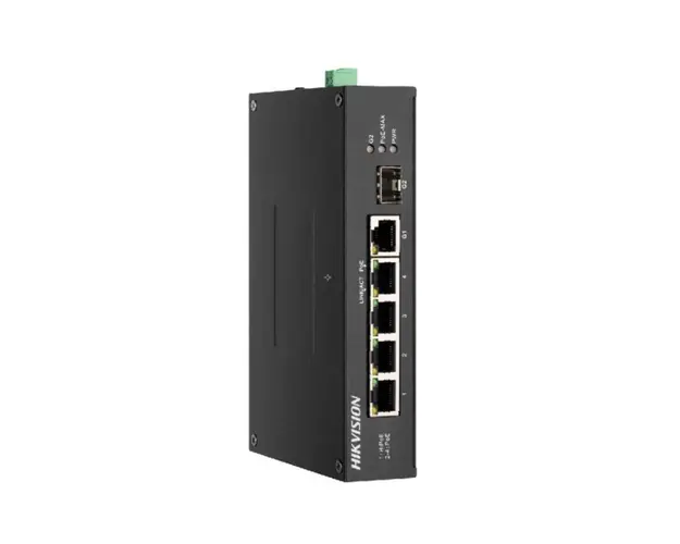 Switch cu 4 porturi Hikvision DS-3T0306HP-E/HS, 1 port Hi-PoE, 1 port Gigabit SFP, 4.8 Gbps, 3.5712 Mpps, 2.000 MAC, fara management