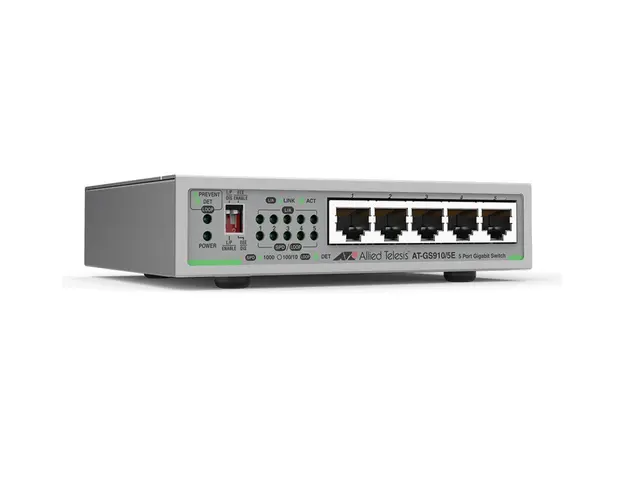 Switch cu 5 porturi Allied Telesis AT-GS910/5E-50, 10 Gbps, 7.4 Mpps, 2.000 MAC, fara management
