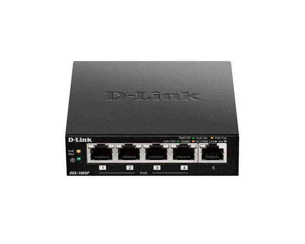 Switch cu 5 porturi D-Link DGS-1005P, 10 Gbps, 7.44 Mpps, 2.000 MAC, PoE, fara management