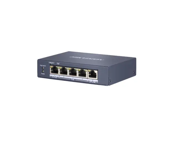 Switch cu 5 porturi Gigabit Hikvision DS-3E0505HP-E, 10 Gbps, 7.44 Mpps, 2000 MAC, Hi-PoE, fara management