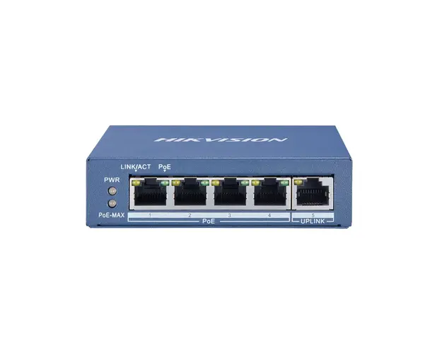 Switch cu 4 porturi Hikvision DS-3E0505P-E/M, 1 port uplink, 10 Gbps, 7.44 Mpps, 2.000 MAC, fara management, PoE