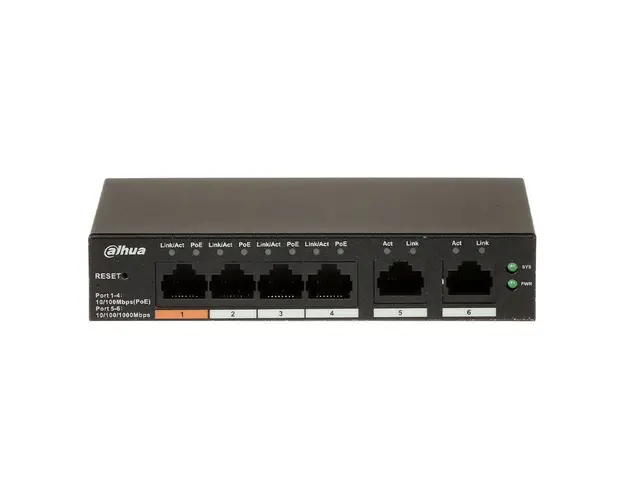 Switch cu 6 porturi Dahua CS4006-4ET-60, 4 porturi PoE 10/100 Mbps, 2 porturi uplink Gigabit, cu cloud management