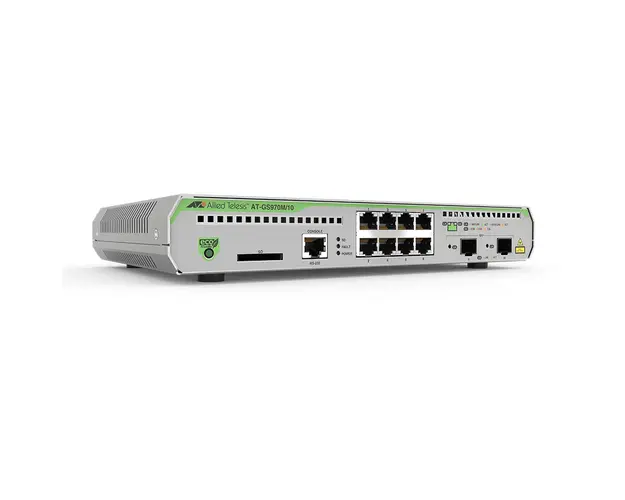 Switch cu 8 porturi Allied Telesis AT-GS970M/10-50, 20 Gbps, 14.9 Mpps, 16.000 MAC, 2 porturi SFP, 1U, PoE, cu management