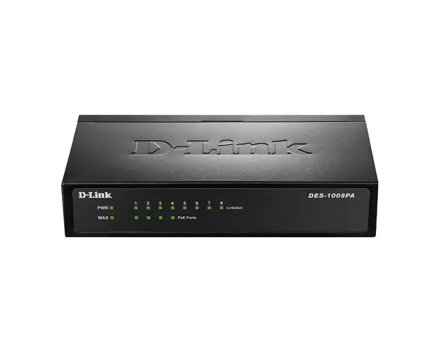 Switch cu 8 porturi D-Link DES-1008PA, 1.6 Gbps, 200 Mbps, 1000 MAC, fara management