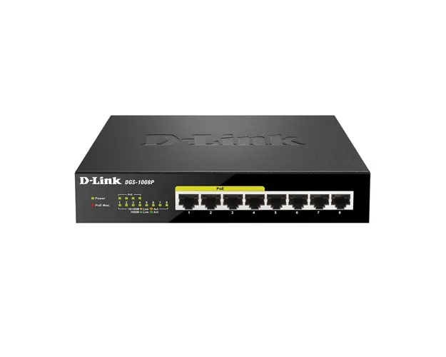 Switch cu 8 porturi D-Link DGS-1008P, 4 porturi PoE, 16 Gbps, 11.9 Mpps, 8.000 MAC, PoE, fara management
