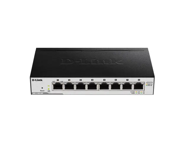 Switch cu 8 porturi D-Link DGS-1100-08P, 16 Gbps, 11.9 Mpps, 8.000 MAC, PoE, cu management
