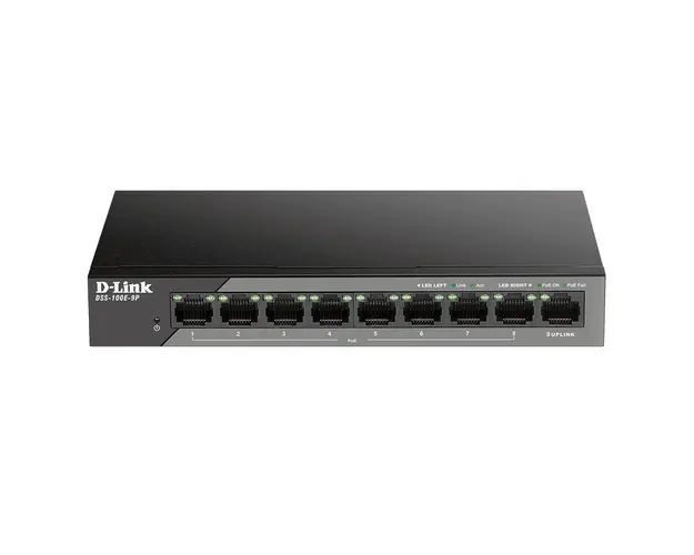 Switch cu 8 porturi D-Link DSS-100E-9P, 1 port SFP, 1.8 Gbps, 2.67 Mpps, 2.000 MAC, PoE, fara management