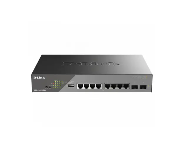 Switch cu 8 porturi Gigabit D-Link DSS-200G-10MP, 2 porturi SFP, 20 Gbps, 14.88 Mpps, 8.000 MAC, 1U, PoE, cu management 