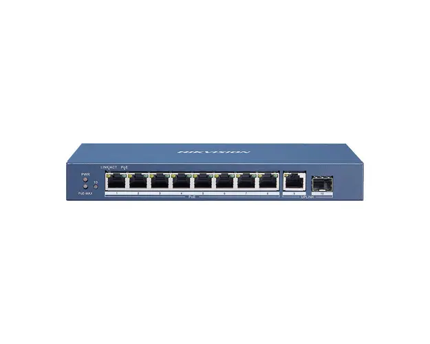 Switch cu 8 porturi Gigabit Hikvision DS-3E0510P-E/M, 1 port SFP, 20 Gbps, 14.88 Mpps, 4.000 MAC, PoE, fara management