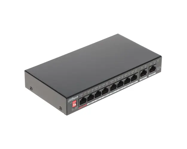 Switch cu 8 porturi PoE Dahua PFS3010-8GT-96-V2, 4000 MAC, 20 Gbps, fara management, PoE
