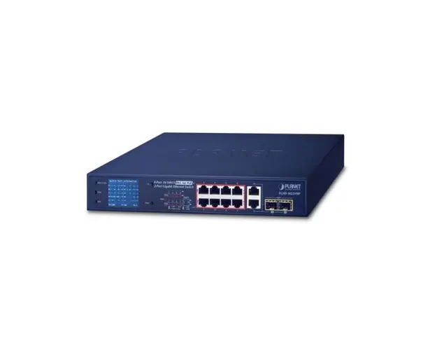 Switch cu 8 porturi PoE Planet FGSD-1022VHP, 10/100Mbps, 2 port Gigabit TP/SFP combo, display LCD