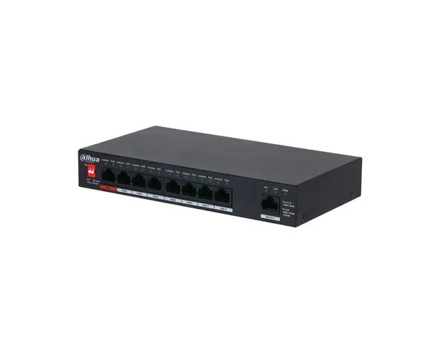 Switch cu 9 porturi Dahua PFS3009-8ET1GT-96-V2, 2000 MAC, 3.6 Gbps, fara management, 250 m, PoE