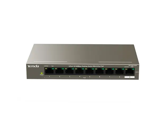 Switch cu 9 porturi Tenda TEF1109P-8-63W, 1.8 Gbps, 1.34 Mpps, 4000 MAC, PoE, fara management