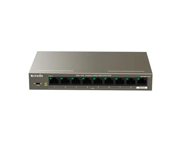 Switch cu 9 porturi Tenda TEF1109TP-8-102W, 2.6 Gbps, 1.34 Mpps, 2000 MAC, PoE, fara management