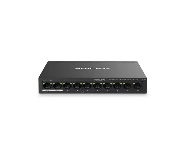 Switch desktop cu 10 porturi Gigabit Mercusys MS110P, 2000 MAC, fara management, 250 m, PoE+