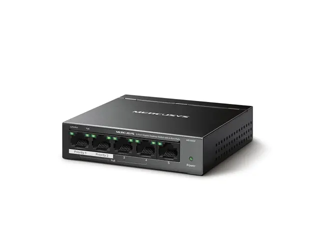 Switch desktop cu 5 porturi Gigabit Mercusys MS105GP, 2000 MAC, fara management, 250 m, PoE+