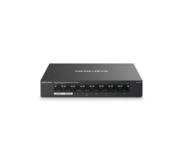 Switch desktop cu 8 porturi Gigabit Mercusys MS108GP, 8000 MAC, fara management, 250 m, PoE+
