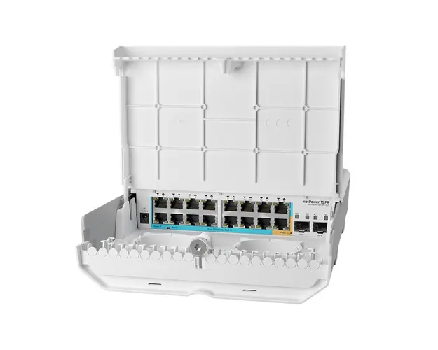 Switch pentru exterior MikroTik netPower CRS318-1FI-15FR-2S-OUT, 16 porturi Ethernet, 2 porturi SFP, 7.2 Gbps, 5.4 Mpps, PoE
