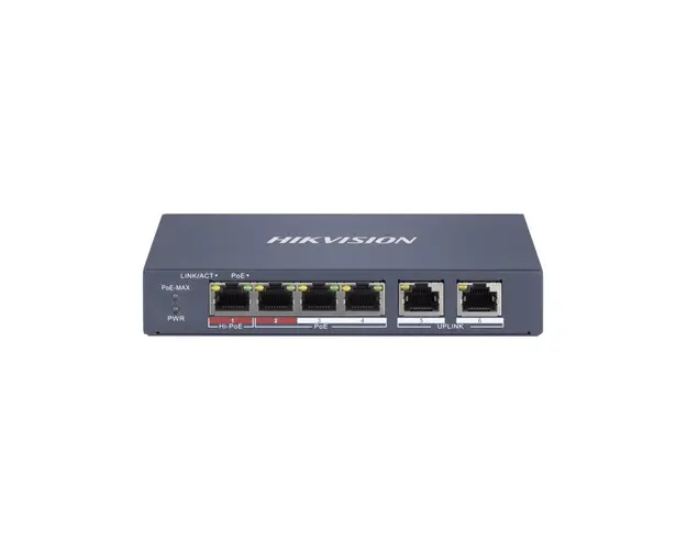 Switch smart cu 6 porturi Hikvision DS-3E1106HP-EI, 1.2 Gbps, 0.90 Mpps, PoE, cu administrare