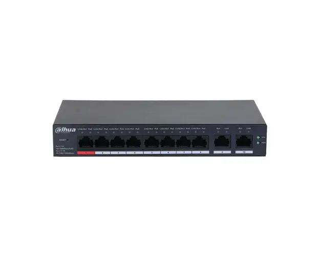 Switch cu 10 porturi Dahua CS4010-8ET-110, 8 porturi PoE 10/100 Mbps, 2 porturi SFP Gigabit, cu cloud management