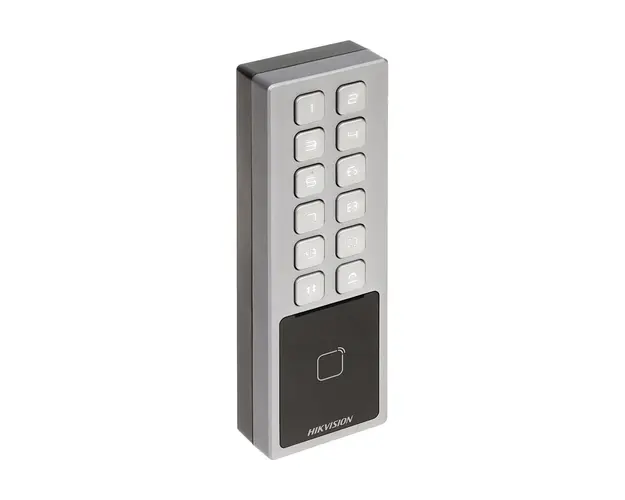 Cititor standalone de proximiate RFID cu tastatura Hikvision DS-K1T805MX, MF 13.56 MHz, compatibil HikConnect, PIN/card, tamper, aparent