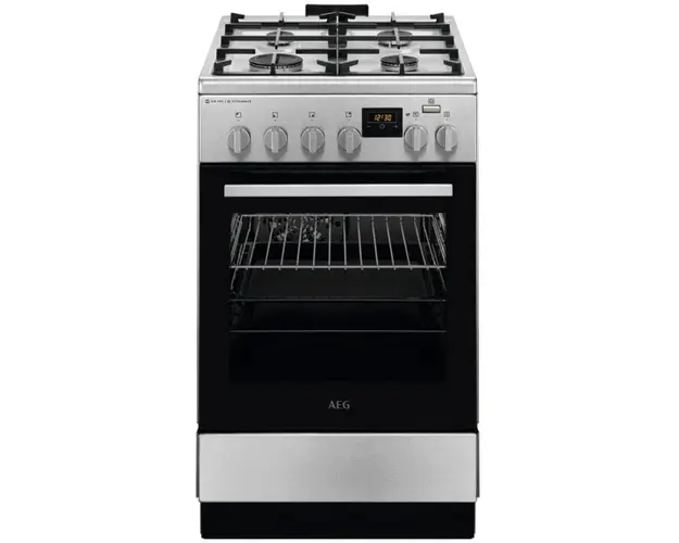 Aragaz AEG CKB56490BM, Mixt, 4 arzatoare , Siguranta plita, Aprindere integrata, Gratare fonta, Cuptor electric, SteamBake, AirFry, Timer, Grill electric, Clasa A, 50 cm, Inox