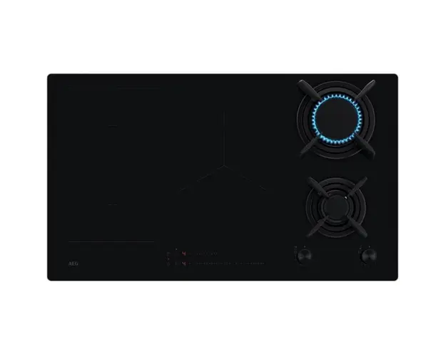 Plita incorporabila AEG HDB95623NB, Mixta, 2 arzatoare gaz / 3 zone inductie, Aprindere electrica, Gratare Fonta, Timer Electronic, 90 cm, Negru