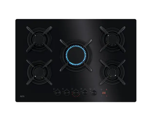 Plita incorporabila pe gaz AEG HKB75453NB, 75 cm, conexiune Hob2Hood, Gratare de fonta, Sticla neagra