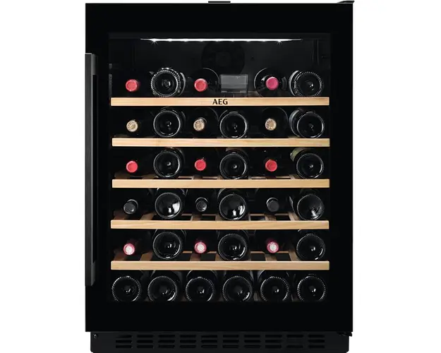 Racitor de vinuri incorporabil AEG AWUS052B5B, 145 l, 52 sticle, Control electronic, Rafturi lemn, Usa reversibila, Clasa G, H 82 cm, Negru