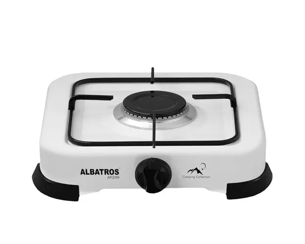 Plita independenta Albatros APG11W, Gaz, 1 arzator, Gratar metalic emailat, Pentru spatii exterioare, Buton ergonomic, Alba