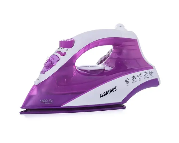 Fier de calcat Albatros Jasmine, 1800 W, Talpa ceramica, Rezervor 0.17 L, Funcţie de auto-curaţare, Funcţie anticalcar, Alb/Violet