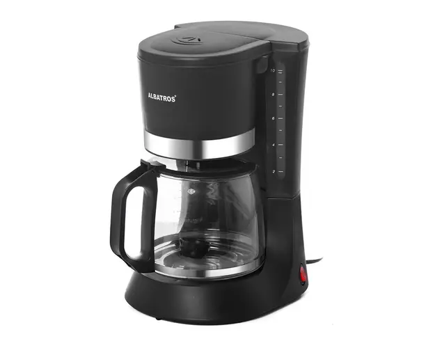 Filtru de cafea Albatros Delice, 680 W, 8 - 10 ceşti, 1.2 L, Functie antipicurare, Cana de sticla, Negru/Ornament inox