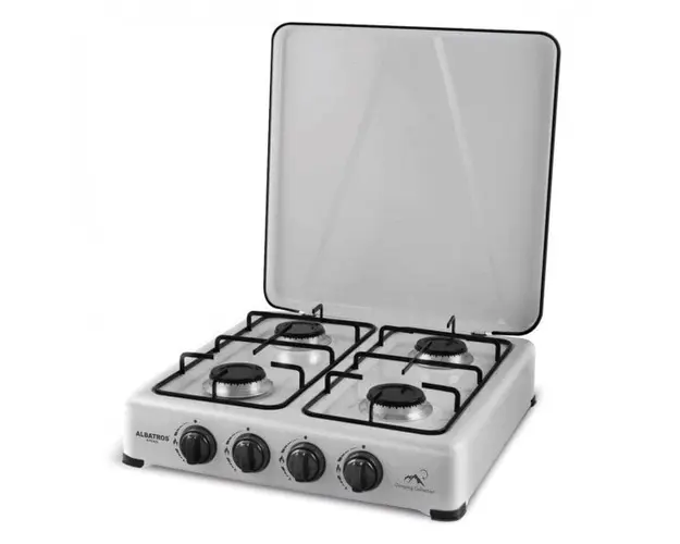 Plita independenta Albatros APG42S, Gaz, 4 arzatoare, Gratare metalice emailate, Pentru spatii exterioare, Butoane ergonomice, Argintie