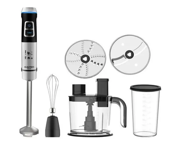 Robot de bucatarie Albatros MR850A, Putere 850 W, Turatie reglabila, Functie Pulse, Lama dubla inox, Tel inox, Vas 1,5 L, Pahar 0,8 l, Negru/ Inox