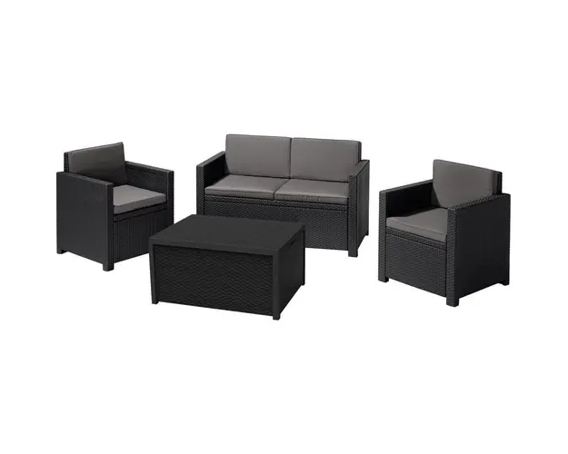 Set mobilier de gradina, Keter Monaco, 4 piese, masa -cutie depozitare, aspect ratan, gri, perne incluse