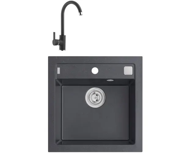 Pachet chiuveta bucatarie algranit Alveus Formic 20, 520x510mm, sifon pop-up inclus + Baterie Kati, Negru
