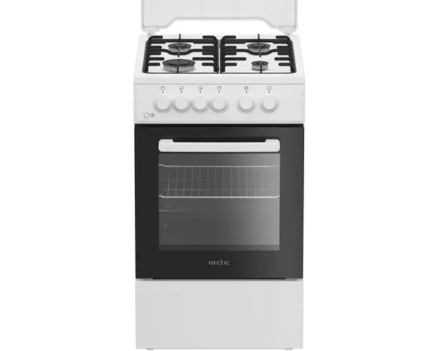 Aragaz Arctic AGM5610FL, Gaz, 4 arzatoare, aprindere electrica plita/cuptor, Safety Plus, Iluminare interioara, Timer, 60 cm, Alb