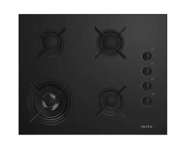 Plita incorporabila Arctic ARNGW64127SB, Gaz, 4 Arzatoare, Aprindere electrica, WOK, Safety Plus, 65 cm, Sticla Neagra
