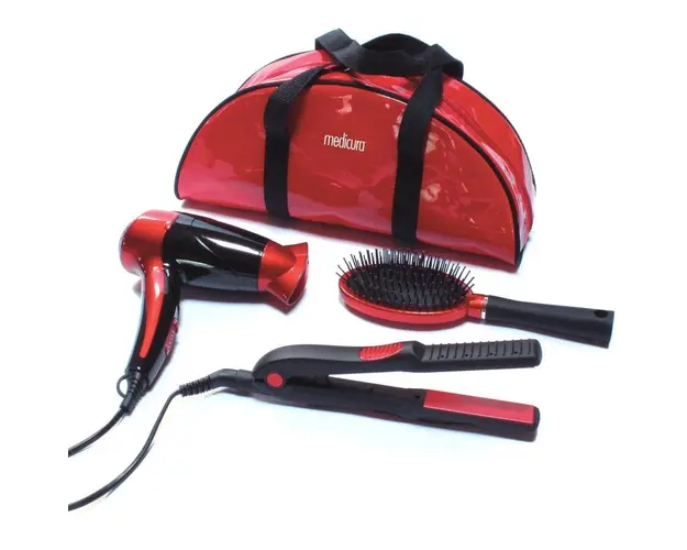 Uscator de par Medicura ARM 350, 1200 W + placa de par, invelis ceramic + perie par + borseta, rosu + negru