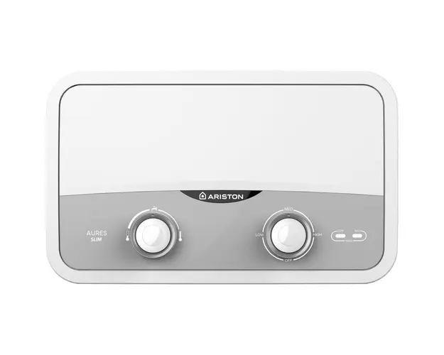 Incalzitor instant electric pentru apa Ariston AURES SLIM FLOW, Instalare single-point, Buton reglare debit, Protectie electrica IP25, Termostat cu siguranta dubla, 4 setari de putere, Kit robinet/dus