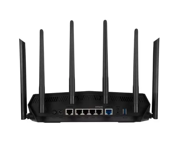 Router Gaming Wireless ASUS TUF Gaming-AX6000, AX6000, Dual-Band, Quad-Core 2.0GHz CPU, 256MB/512MB Flash/RAM, 2.5G dual-port, AiProtection Pro, Adaptive QoS, VPN Fusion, IPTV, OFDMA, MU-MIMO, Beamforming, Link Aggregation, Port forwarding, AiMesh