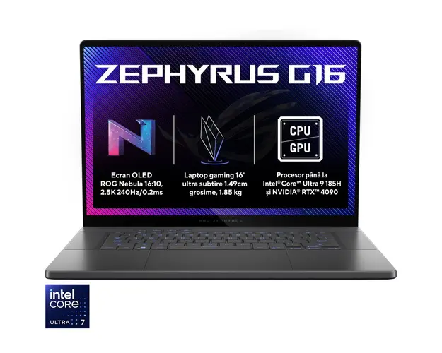 Laptop Gaming ASUS ROG Zephyrus G16 GU605MI cu procesor Intel® Core™ Ultra 7 155H pana la 4.8 GHz, 16, QHD+, OLED, 240Hz, 32GB DDR5, 1TB SSD, NVIDIA® GeForce RTX™ 4070 8GB GDDR6, Windows 11 Pro, Eclipse Gray