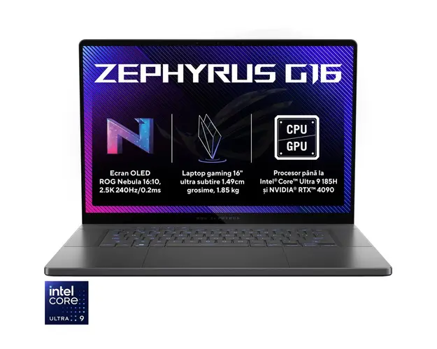Laptop Gaming ASUS ROG Zephyrus G16 GU605MY cu procesor Intel® Core™ Ultra 9 185H pana la 5.1 GHz, 16, QHD+, OLED, 240Hz, 32GB DDR5, 2TB SSD, NVIDIA® GeForce RTX™ 4090 16GB GDDR6, Windows 11 Pro, Eclipse Gray