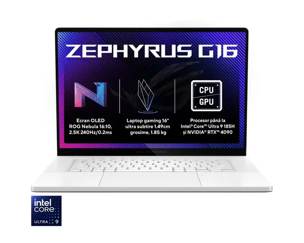 Laptop Gaming ASUS ROG Zephyrus G16 GU605MZ cu procesor Intel® Core™ Ultra 9 185H pana la 5.1 GHz, 16, OLED, 2.5K, 240Hz, 32GB LPDDR5X, 1TB SSD, NVIDIA® GeForce RTX™ 4080 12GB GDDR6, Win 11 Pro, Platinum White