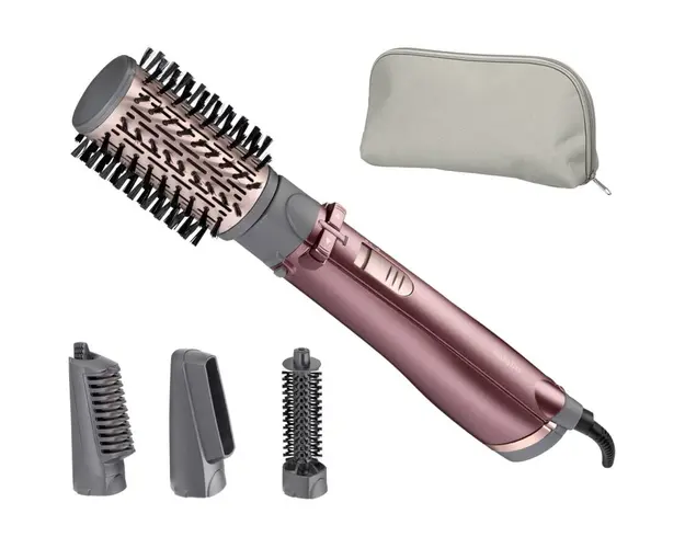 Perie rotativa BaByliss AS960E, 1000W, Ionizare, 4 Accesorii, 2 Setari temperatura/viteza, Cool-Shot, geanta depozitare,Roz-Gri