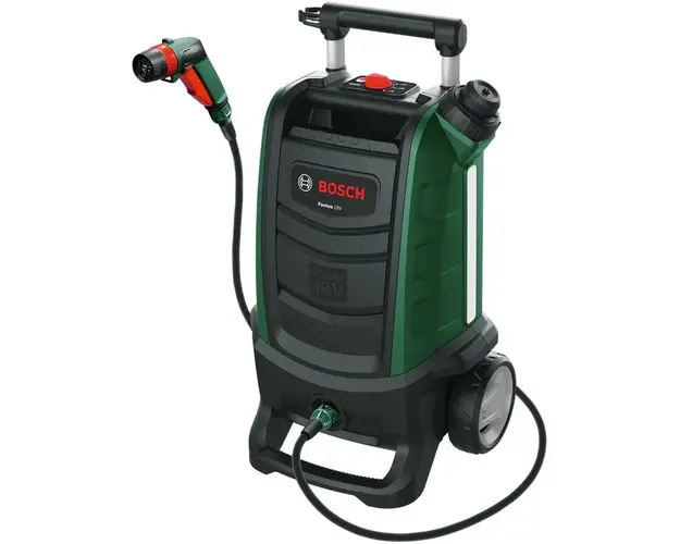 Aparat de spalat cu presiune pe acumulator Bosch 06008B6102, 18 V, 20 bar presiune maxima, 15 l rezervor, 4 m lungime furtun, filtru apa, pistol de stropit, SmartBrush, fara acumulator/incarcator