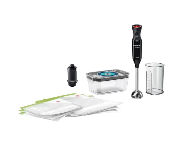 Blender de mana cu pompa pentru vidare Bosch MS6CB61V1, 1000 W, 4 lame inox, 12 viteze, Functie Turbo, Caserola pentru vidare 1 L, Negru
